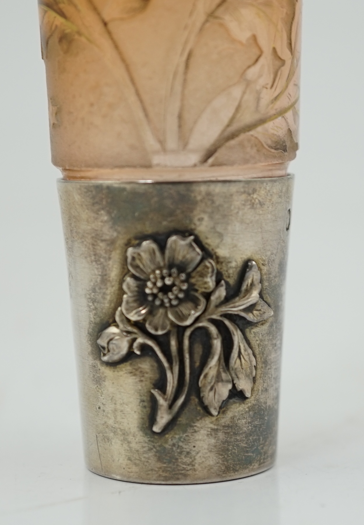 A French 950 standard silver mounted Daum cameo glass absinthe bottle